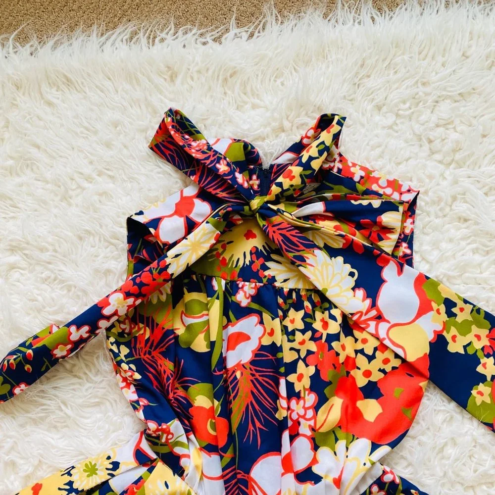 Vintage Lord Taylor Dress Women 8‎ 60s Floral Sleeveless Neck Tie Scarf Bow MCM
